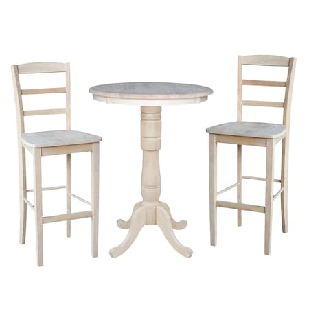 International Concepts Round 30 in Rd Pedestal Bar Height Table, 2 Madrid Bar Height Stools, Unfinished, 30 in W, 30 in L K-30RT-6B-2-S403-2